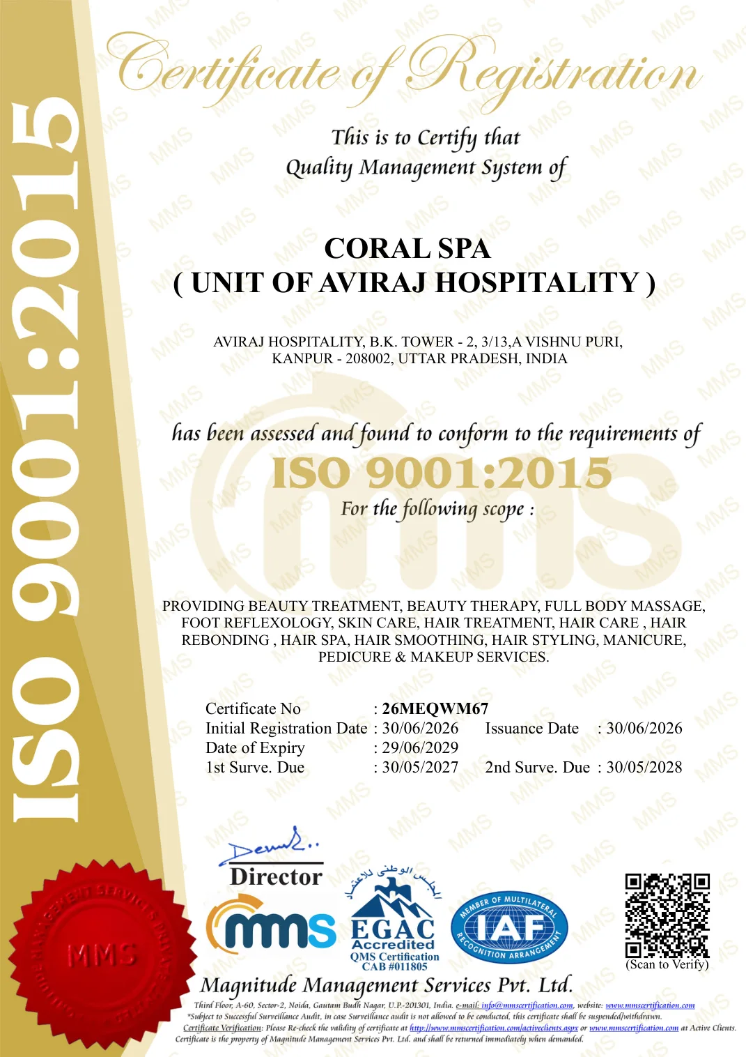Coral Spa ISO 9001:2015 Certificate of Registration