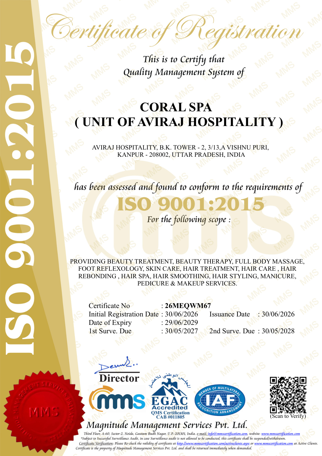 Coral Spa ISO 9001:2015 Certificate of Registration